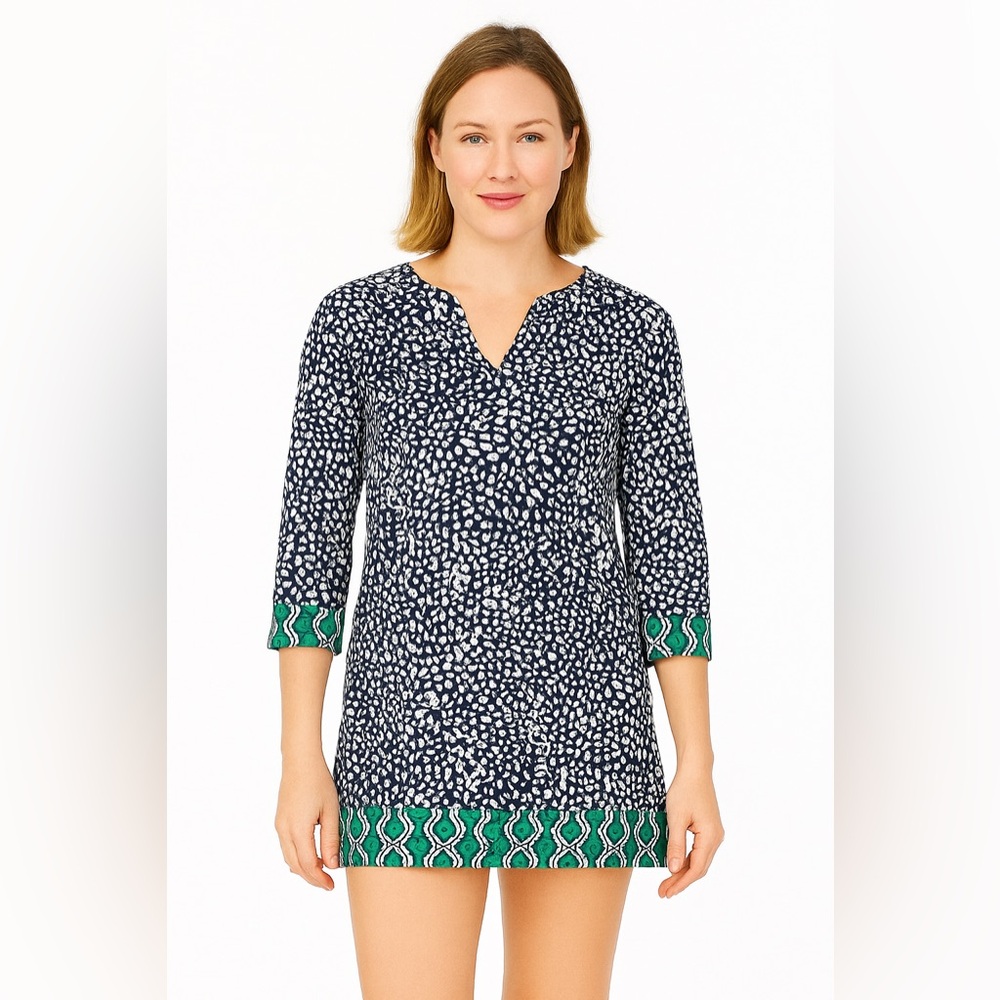 French Curve Navy Blue & White Print Coverup Tunic with Green Border Size Small